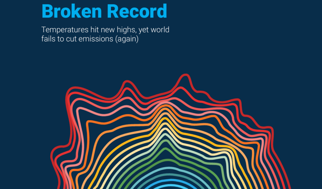 Broken Record - Temperatures hit new highs, yet fails to cut emissions (again); part of cover of UN Emissions Gap Report 2023